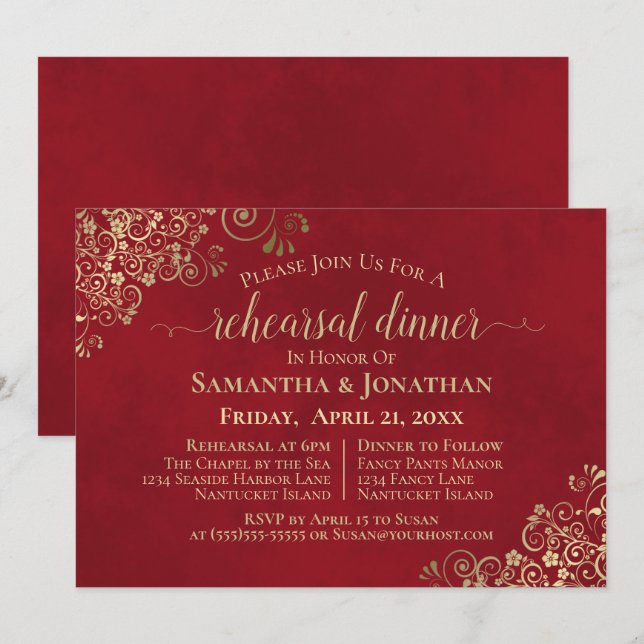 Elegant Red & Lacy Gold Wedding Rehearsal & Dinner Invitation (Front/Back)