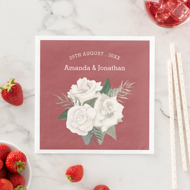 Elegant Red Leather and White Roses Wedding Paper Dinner Napkins (Insitu)
