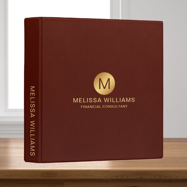 Elegant Red leather & Gold  Monogram Initial  3 Ring Binder (Creator Uploaded)