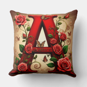 Elegant Red Letter A by Roses and Butterfly Throw Pillow