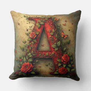 Elegant Red Letter A Surrounded by Roses Throw Pillow