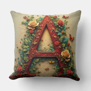 Elegant Red Letter A Surrounded by Roses Throw Pillow