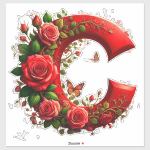 Elegant Red Letter C by Roses and Butterfly Sticker