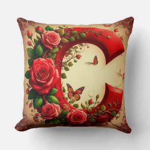 Elegant Red Letter C by Roses and Butterfly Throw Pillow