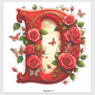 Elegant Red Letter D by Roses and Butterfly Sticker