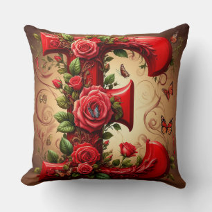 Elegant Red Letter E by Roses and Butterfly Throw Pillow