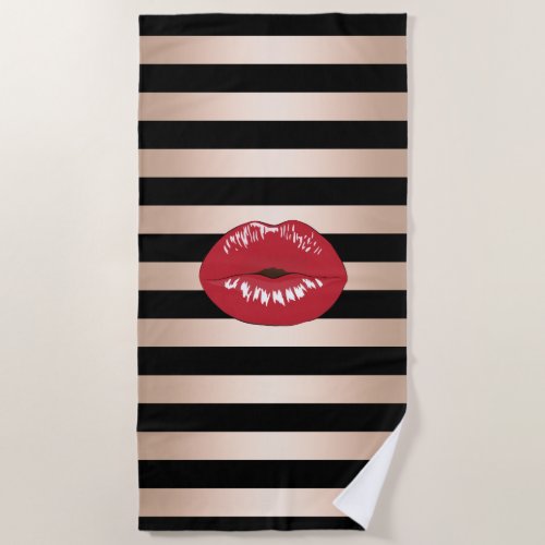 elegant red lips rose gold black stripes pattern beach towel