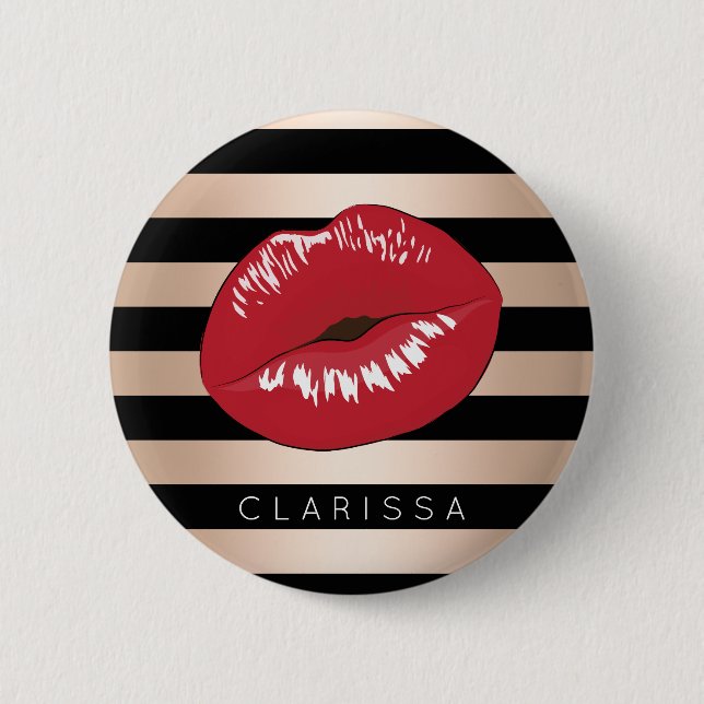 elegant red lips rose gold black stripes pattern button (Front)