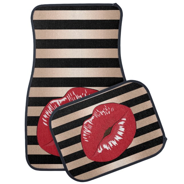 elegant red lips rose gold black stripes pattern car floor mat (Set)