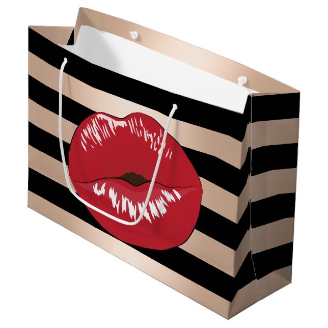 elegant red lips rose gold black stripes pattern large gift bag (Front Angled)