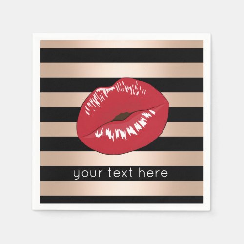 elegant red lips rose gold black stripes pattern paper napkins