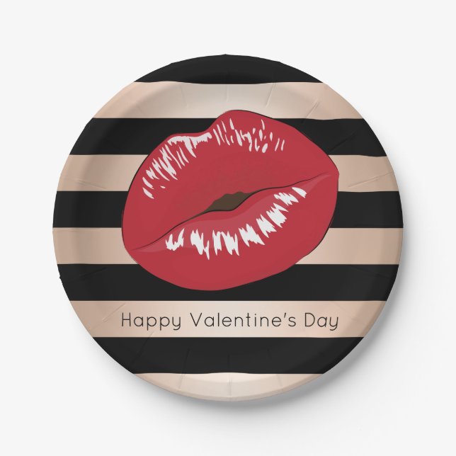 elegant red lips rose gold black stripes pattern paper plates (Front)