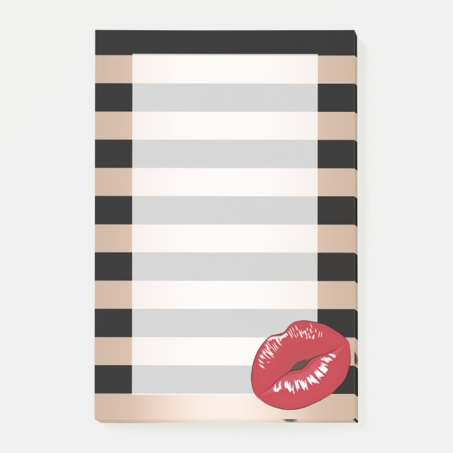 elegant red lips rose gold black stripes pattern post-it notes (Front)