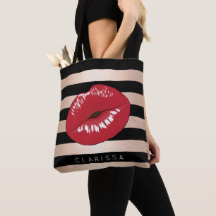 elegant red lips rose gold black stripes pattern tote bag