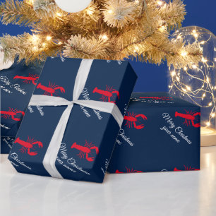 Elegant red lobster navy blue Merry Christmas Wrapping Paper