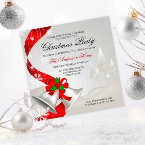 Elegant Red Loop Silver Bells Christmas Invitation