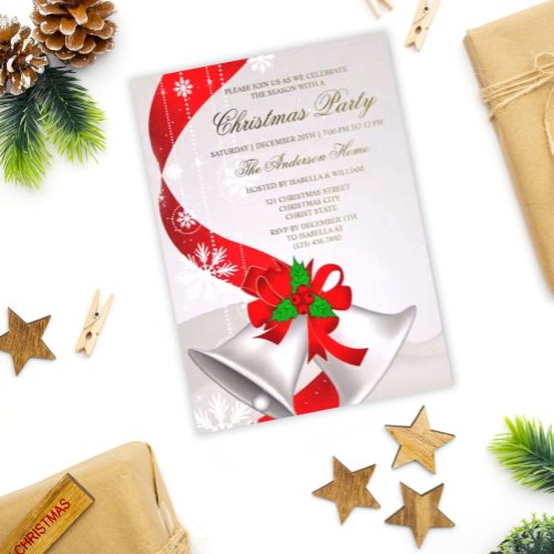 Elegant Red Loop Silver Bells Christmas Invitation Foil Invitation