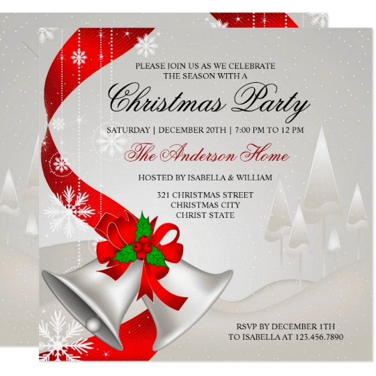 Elegant Red Loop Silver Bells Christmas Party Invitation | Zazzle.com