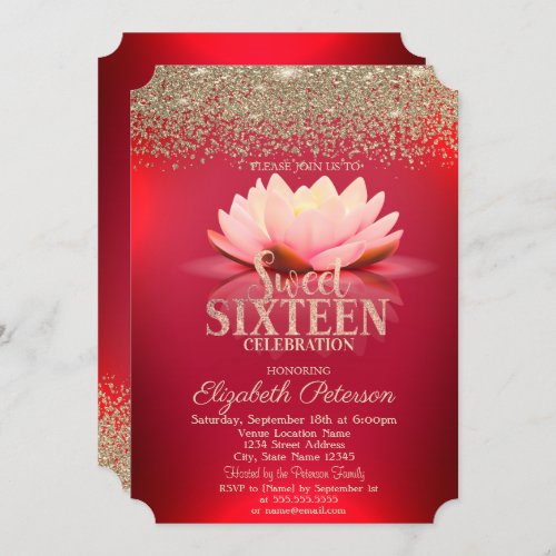 Elegant Red Lotus Gold Confetti Diamond Sweet 16 Invitation