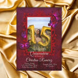 Elegant Red, Magenta Pink Butterfly Quinceanera Invitation