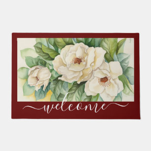 Elegant Red Magnolia Floral Welcome Script Doormat