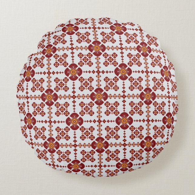 Elegant Red Mandala Geometric Bedroom & Home Texti Round Pillow (Front)