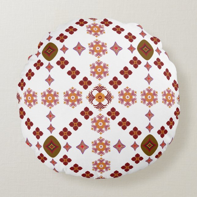 Elegant Red Mandala Geometric Bedroom & Home Texti Round Pillow (Front)