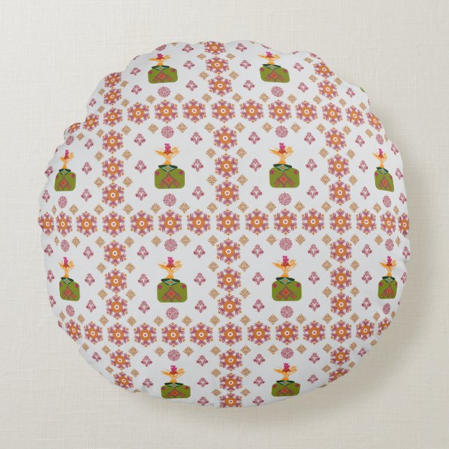 Elegant Red Mandala Geometric Bedroom & Home Texti Round Pillow (Front)