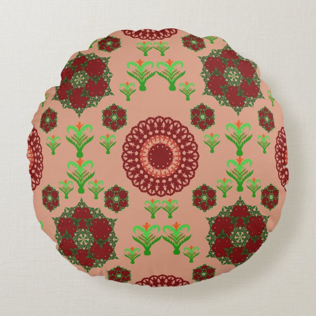 Elegant Red Mandala Geometric Bedroom & Home Texti Round Pillow (Front)