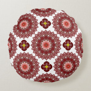 Elegant Red Mandala Geometric Bedroom & Home Texti Round Pillow