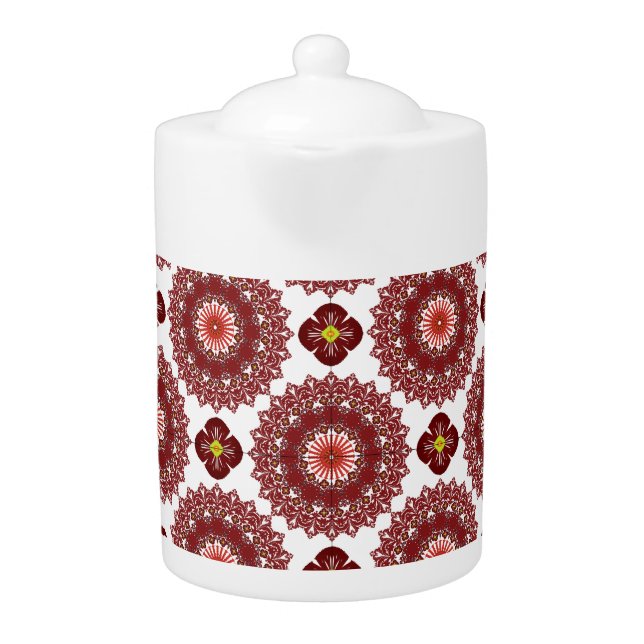 Elegant Red Mandala Geometric Teapot – Artistic Ce (Front)