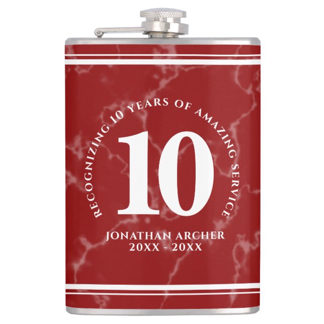 Elegant Red Marble 10 Years Work Anniversary Flask (Front)