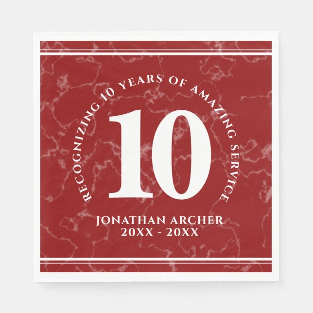 Elegant Red Marble 10 Years Work Anniversary Napkins (Front)