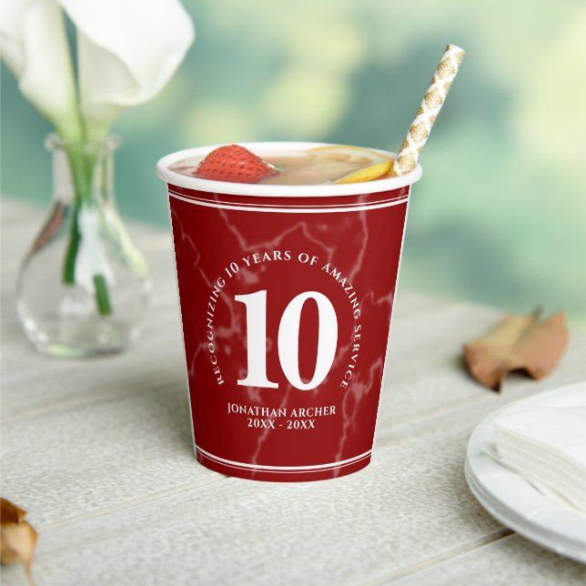 Elegant Red Marble 10 Years Work Anniversary Paper Cups (Insitu)