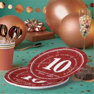 Elegant Red Marble 10 Years Work Anniversary Paper Plates