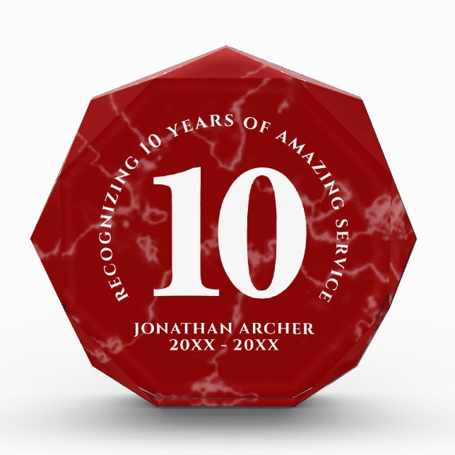 Elegant Red Marble 10 Years Work Anniversary Photo Block (Front)