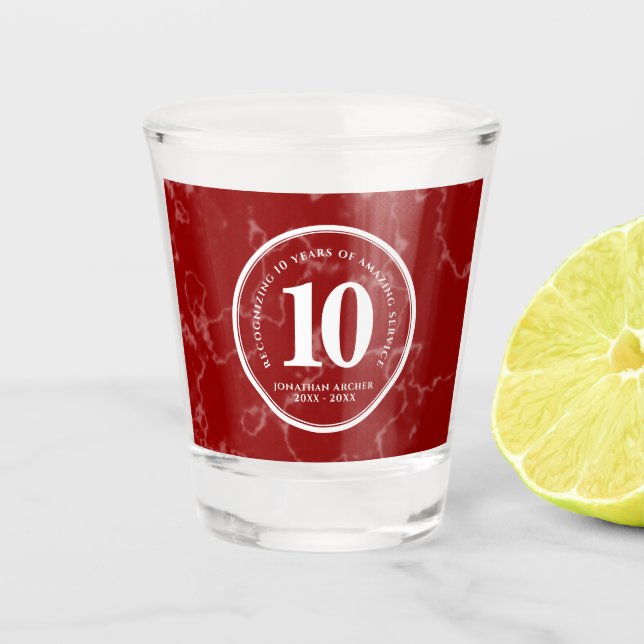 Elegant Red Marble 10 Years Work Anniversary Shot Glass (Front)