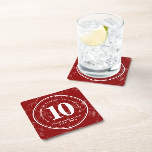 Elegant Red Marble 10 Years Work Anniversary Square Paper Coaster