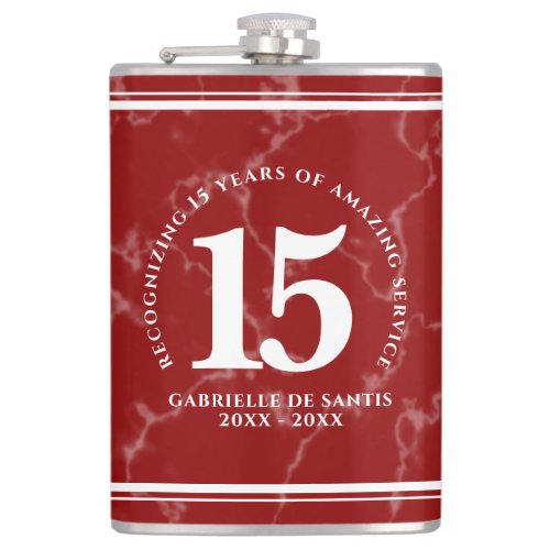 Elegant Red Marble 15 Years Work Anniversary Flask