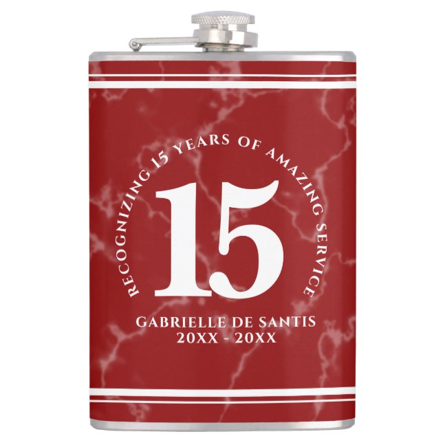 Elegant Red Marble 15 Years Work Anniversary Flask (Front)