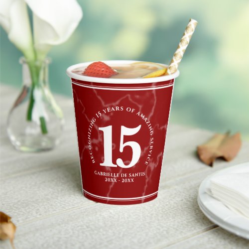 Elegant Red Marble 15 Years Work Anniversary Paper Cups