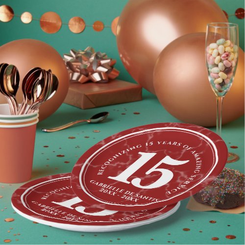 Elegant Red Marble 15 Years Work Anniversary Paper Plates