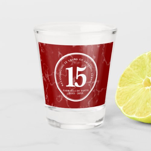 Elegant Red Marble 15 Years Work Anniversary Shot Glass