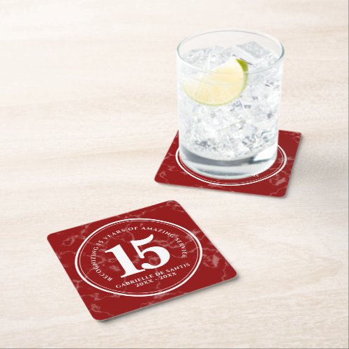 Elegant Red Marble 15 Years Work Anniversary Square Paper Coaster