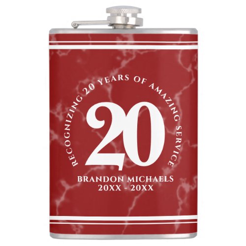 Elegant Red Marble 20 Years Work Anniversary Flask