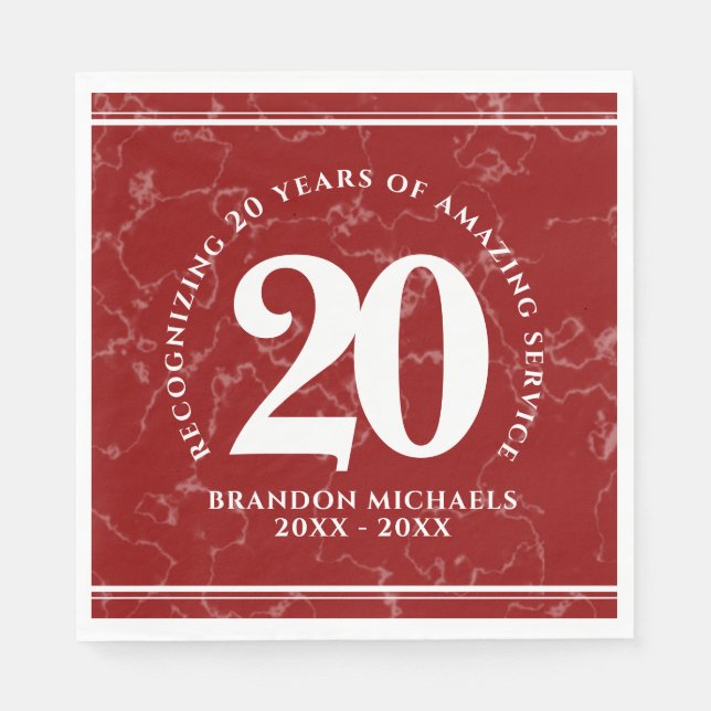 Elegant Red Marble 20 Years Work Anniversary Napkins (Front)