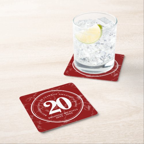Elegant Red Marble 20 Years Work Anniversary Square Paper Coaster