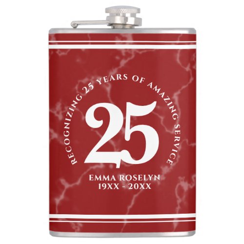 Elegant Red Marble 25 Years Work Anniversary Flask