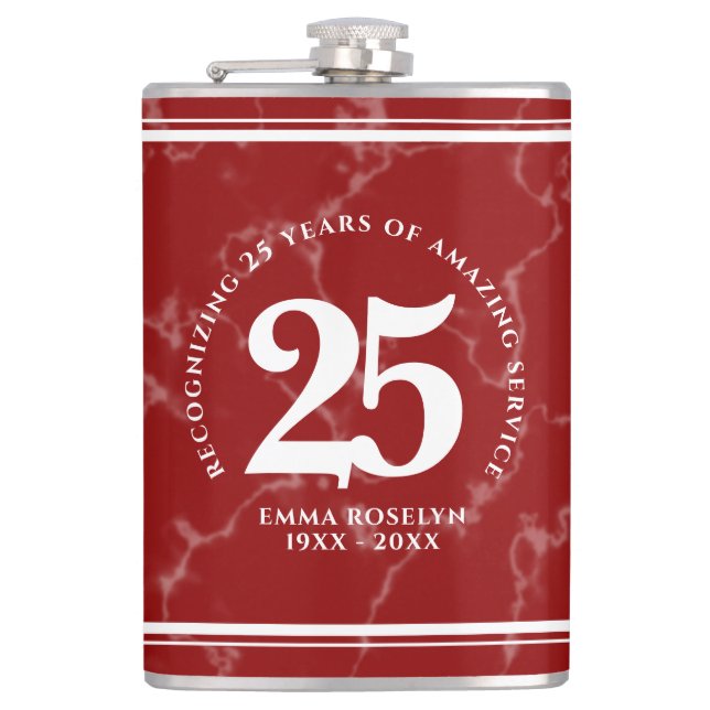 Elegant Red Marble 25 Years Work Anniversary Flask (Front)