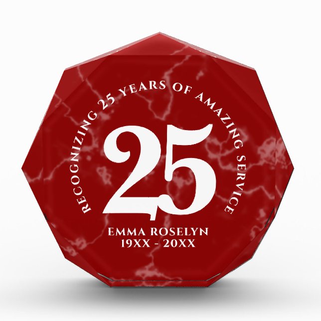 Elegant Red Marble 25 Years Work Anniversary Photo Block (Front)